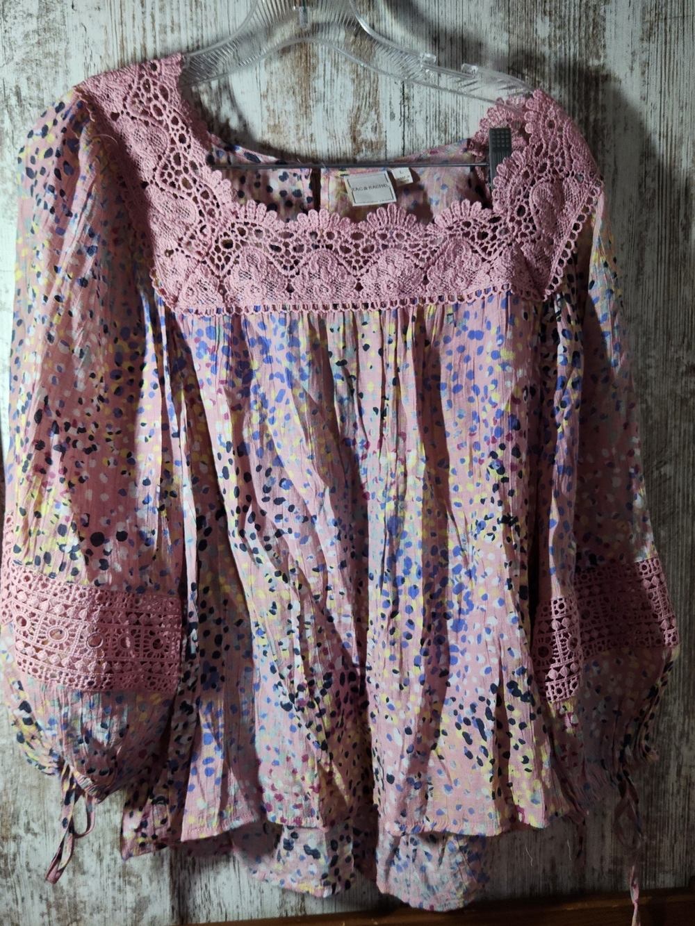 Zac & Rachel Pink Boho Ditsy Dot Lace Trim Balloon Sleeve Peasant Blouse Large